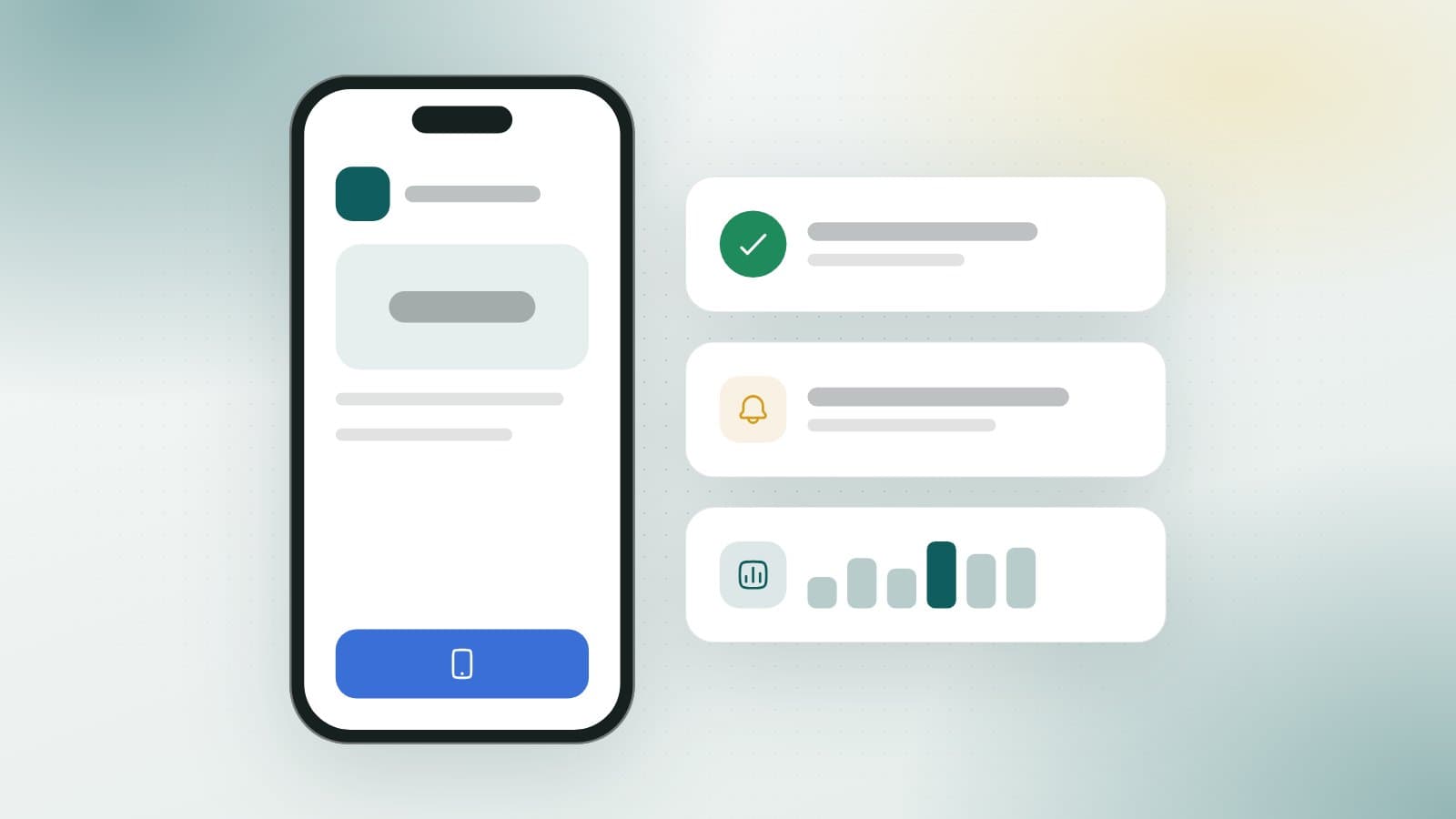 En telefon med en betalingsknap ved siden af en gennemført betaling, en påmindelse og et diagram over indbetalinger.