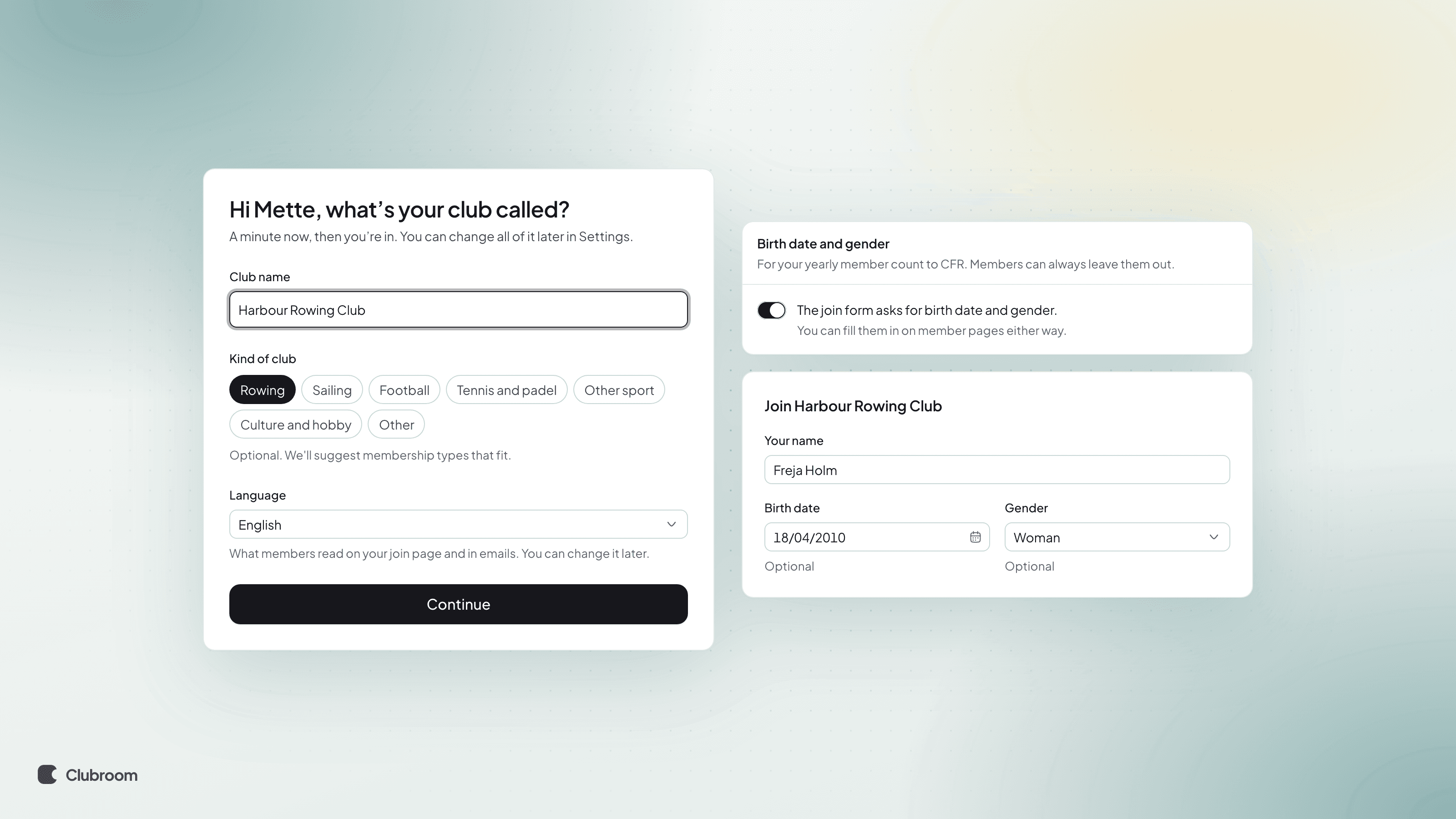 Onboarding with Rowing picked as the club's kind, next to the Birth date and gender setting switched on and a join form asking for birth date and gender.