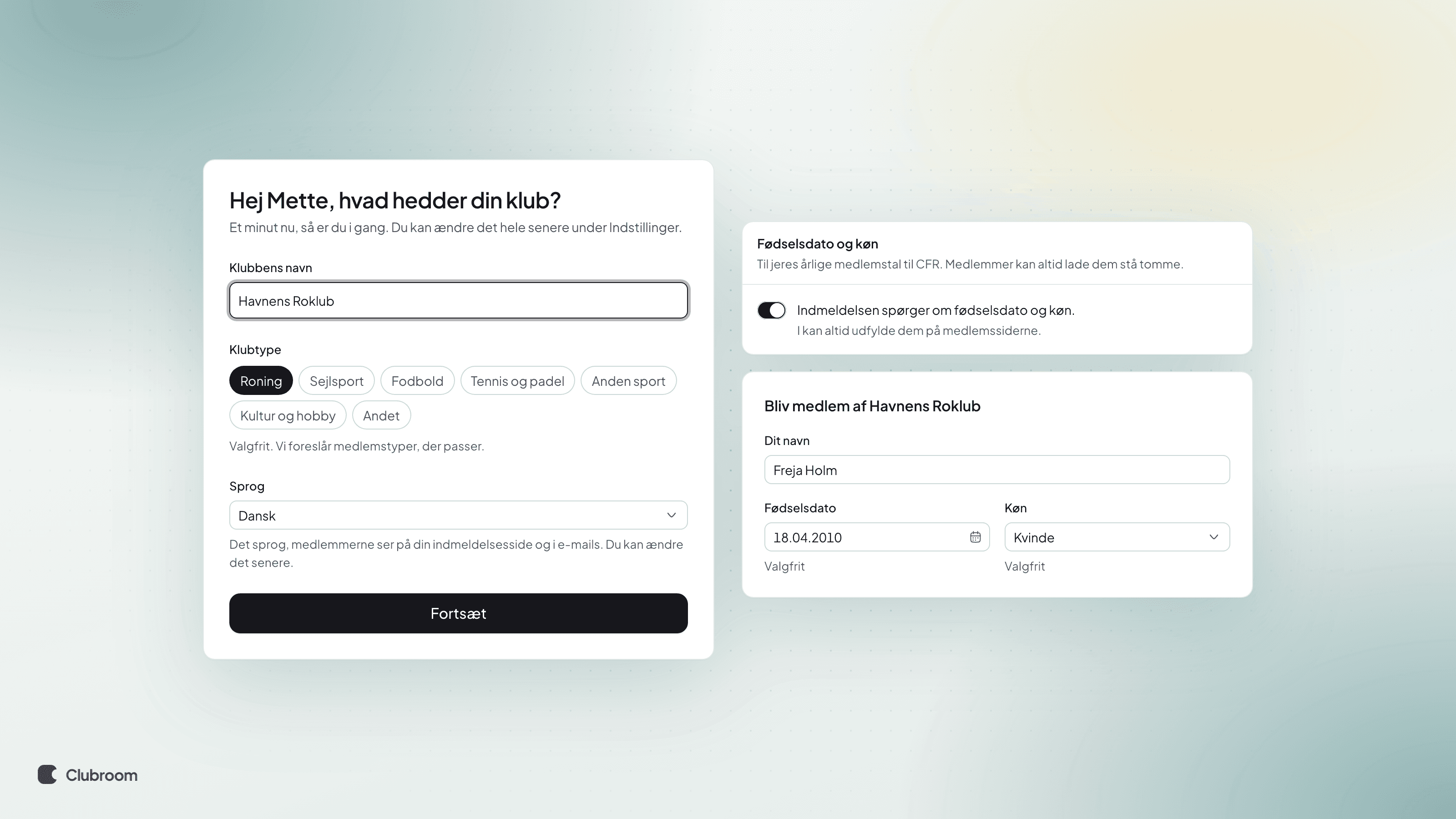 Opstarten med Roning valgt som klubtype, ved siden af indstillingen Fødselsdato og køn slået til og en indmeldelse, der spørger om fødselsdato og køn.