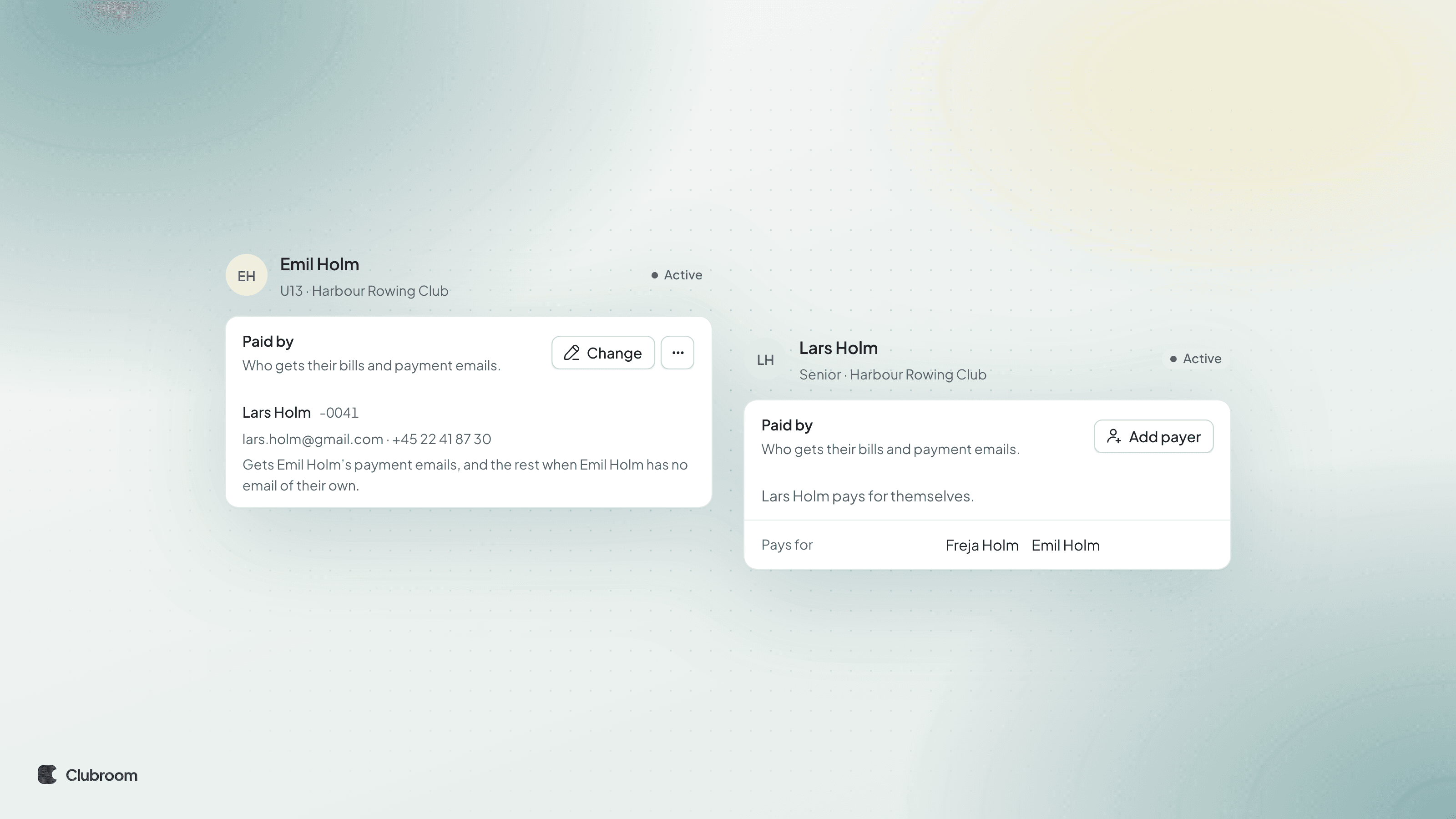 Two member pages: Emil's says his dad Lars pays and gets his payment emails, and Lars's lists Freja and Emil under Pays for.