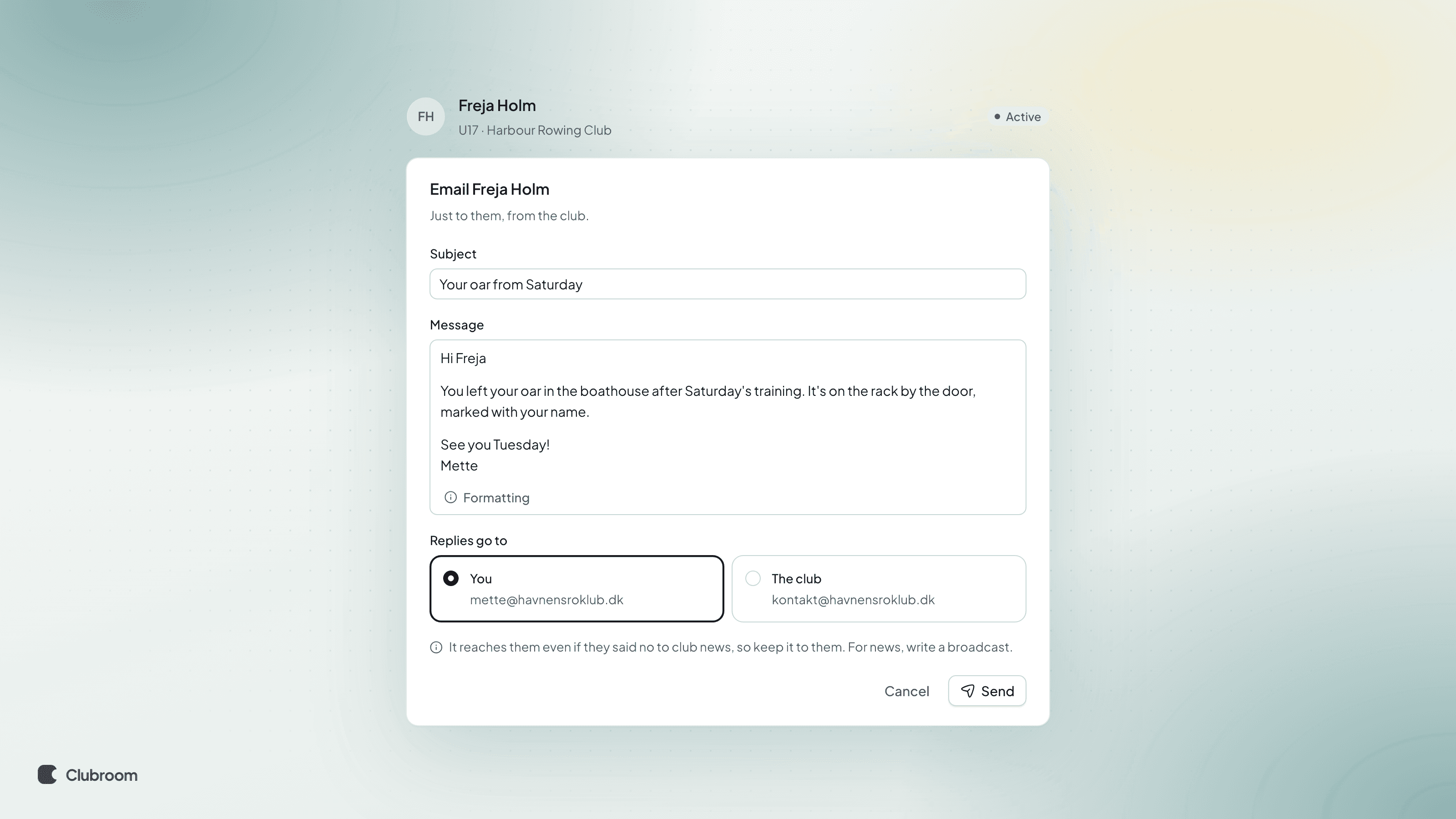 A member's page with the Send email dialog open: subject, message, and the choice of replies going to you or to the club.