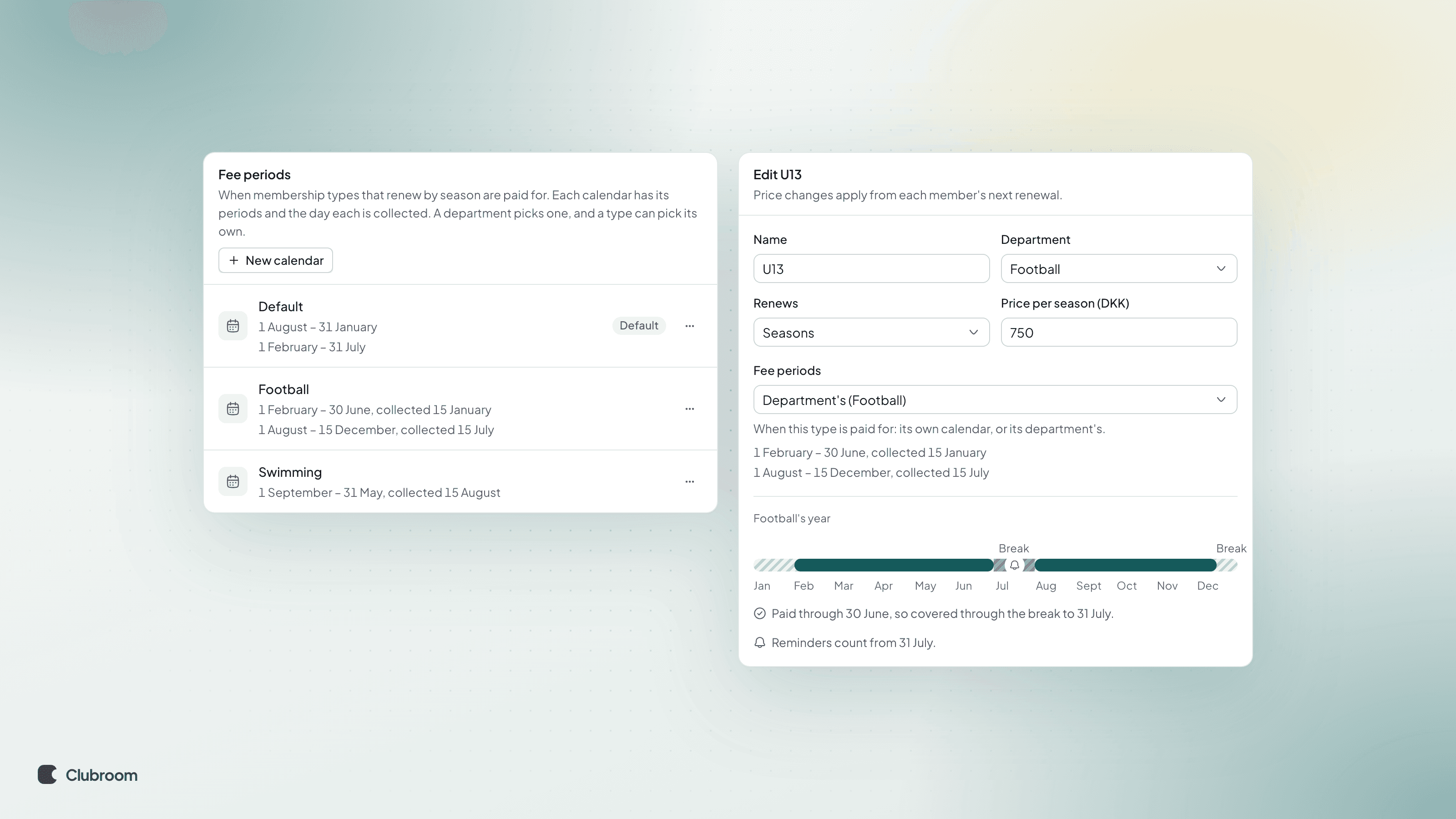 Fee periods in settings with the Default, Football and Swimming calendars and the days they're collected, next to the U13 type in Football going by its department's calendar, and a year where July counts as paid.