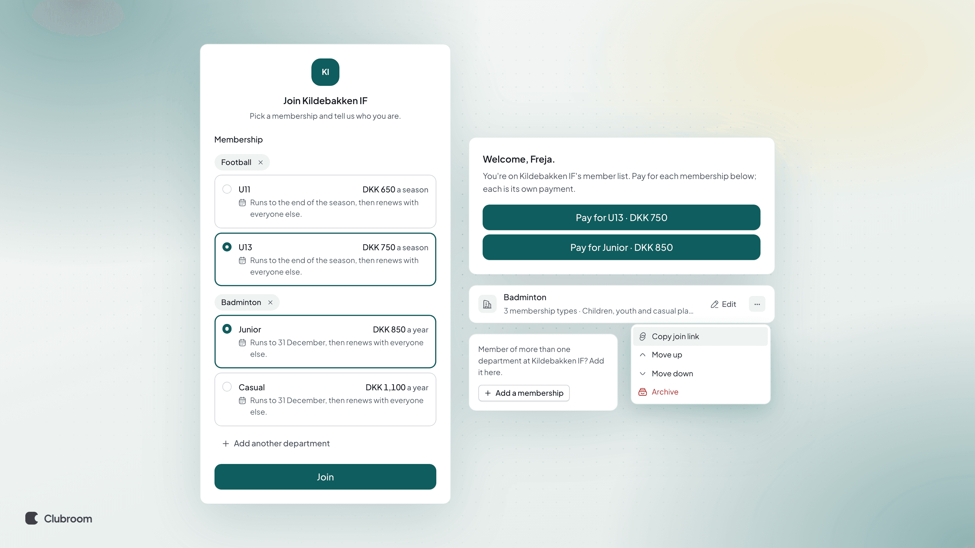 The join form with Football and Badminton picked, each with its own membership, and the Add another department button, next to the welcome screen with a Pay button per membership, the menu with Copy join link, and Add a membership on the membership card.