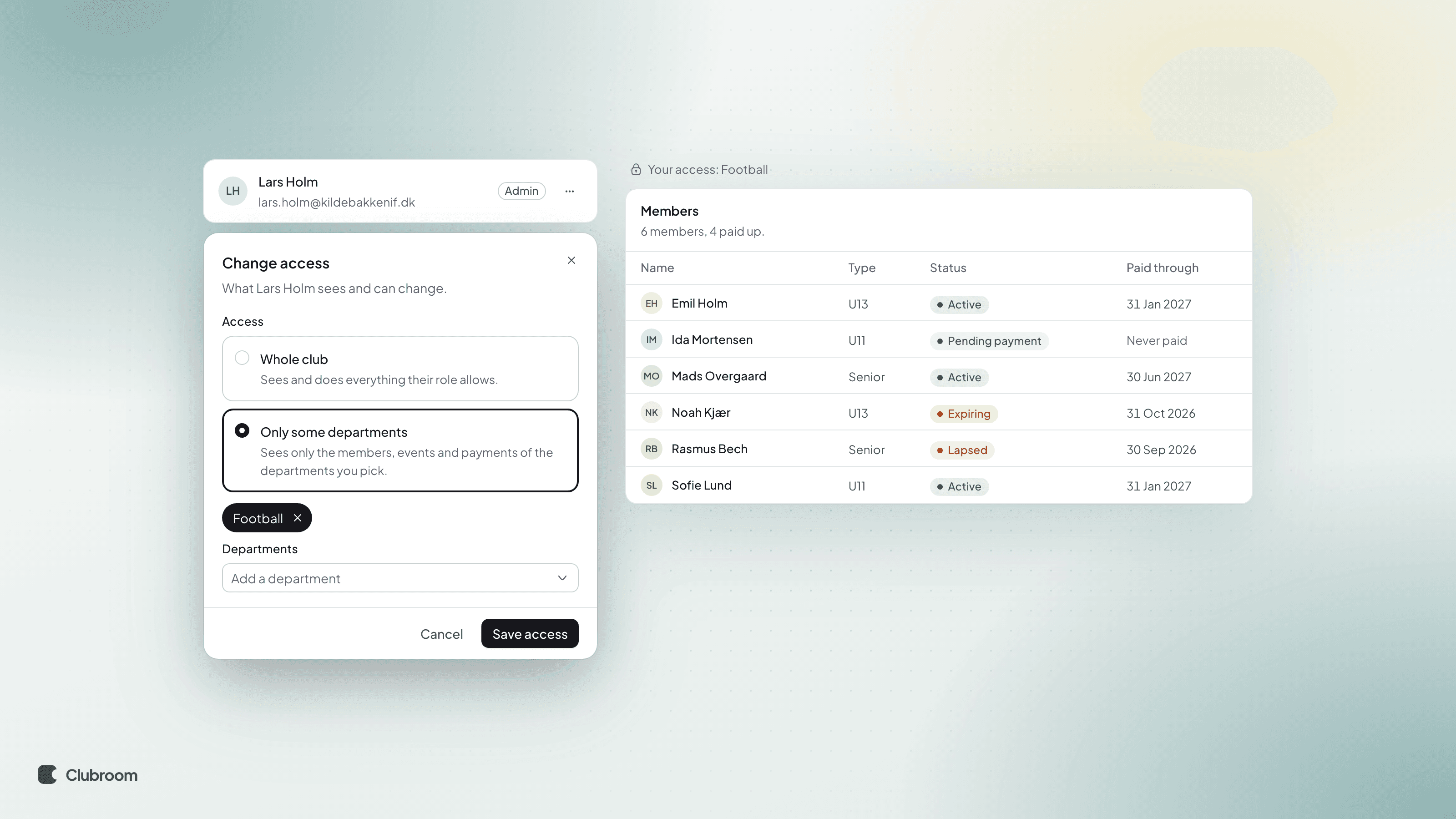 The Change access dialog in Settings › Team with Only some departments picked and Football added, next to the members list as the football chair sees it, with only football's members.