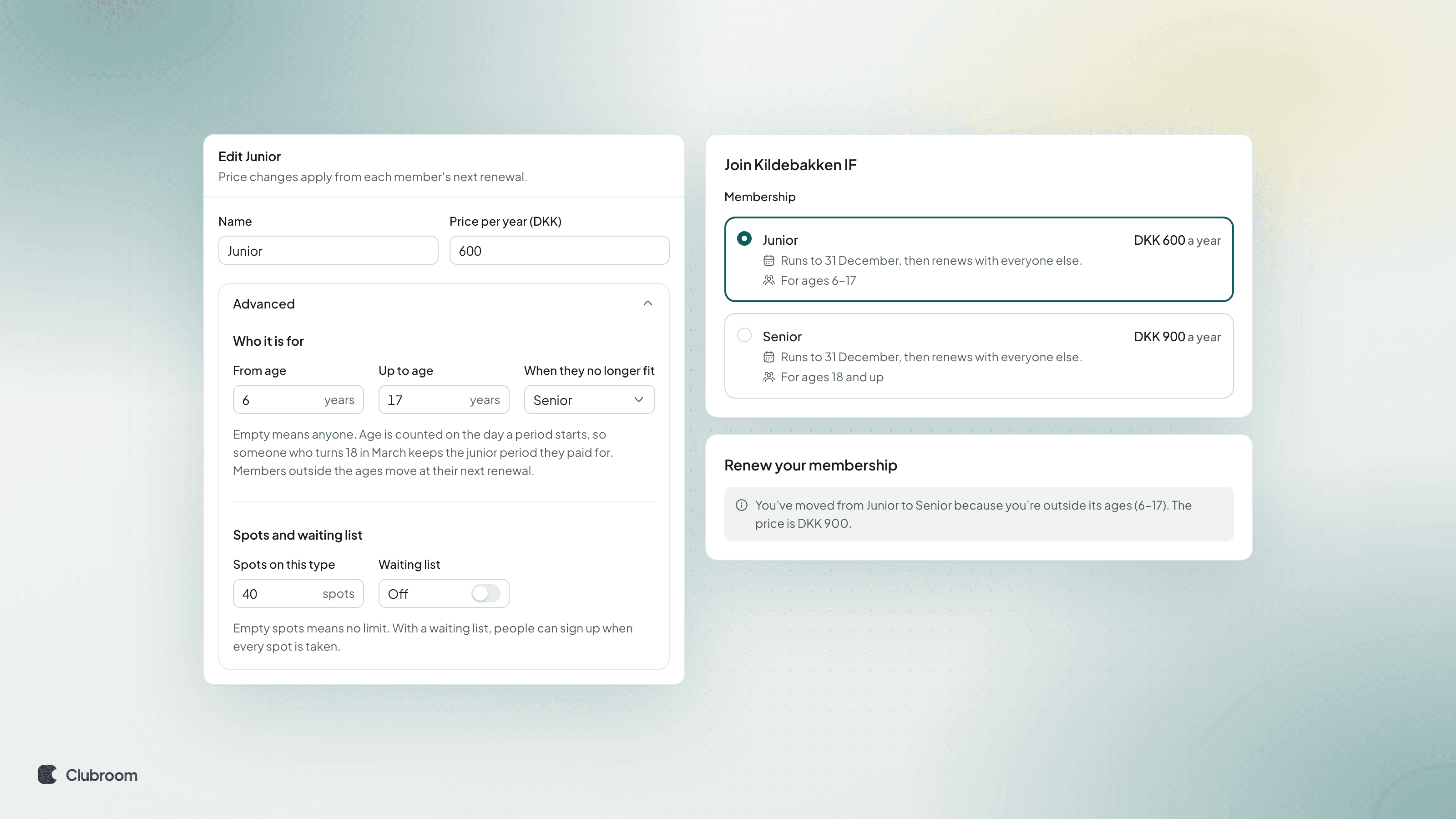 The Junior membership type with Advanced open: from age 6 up to age 17, Senior as the type they move to, and 40 spots. Next to the join form, where Junior says "For ages 6–17" and Senior "For ages 18 and up", and a renewal page telling the member they've moved
