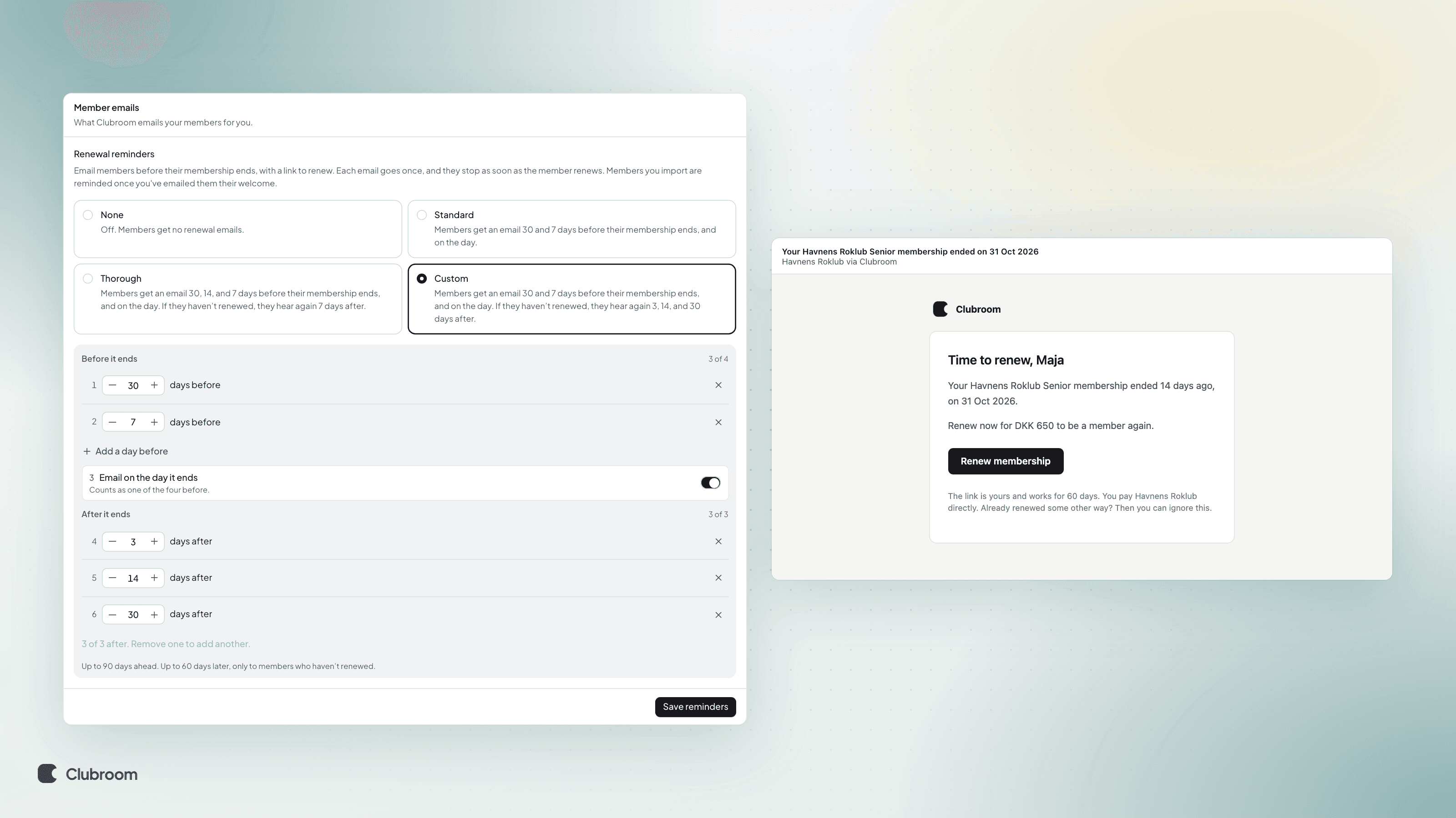 Settings › Renewal reminders with Custom picked: emails 30 and 7 days before, on the day it ends, and 3, 14 and 30 days after. Beside it, the email a member gets 14 days after their membership ended, with a Renew membership button.