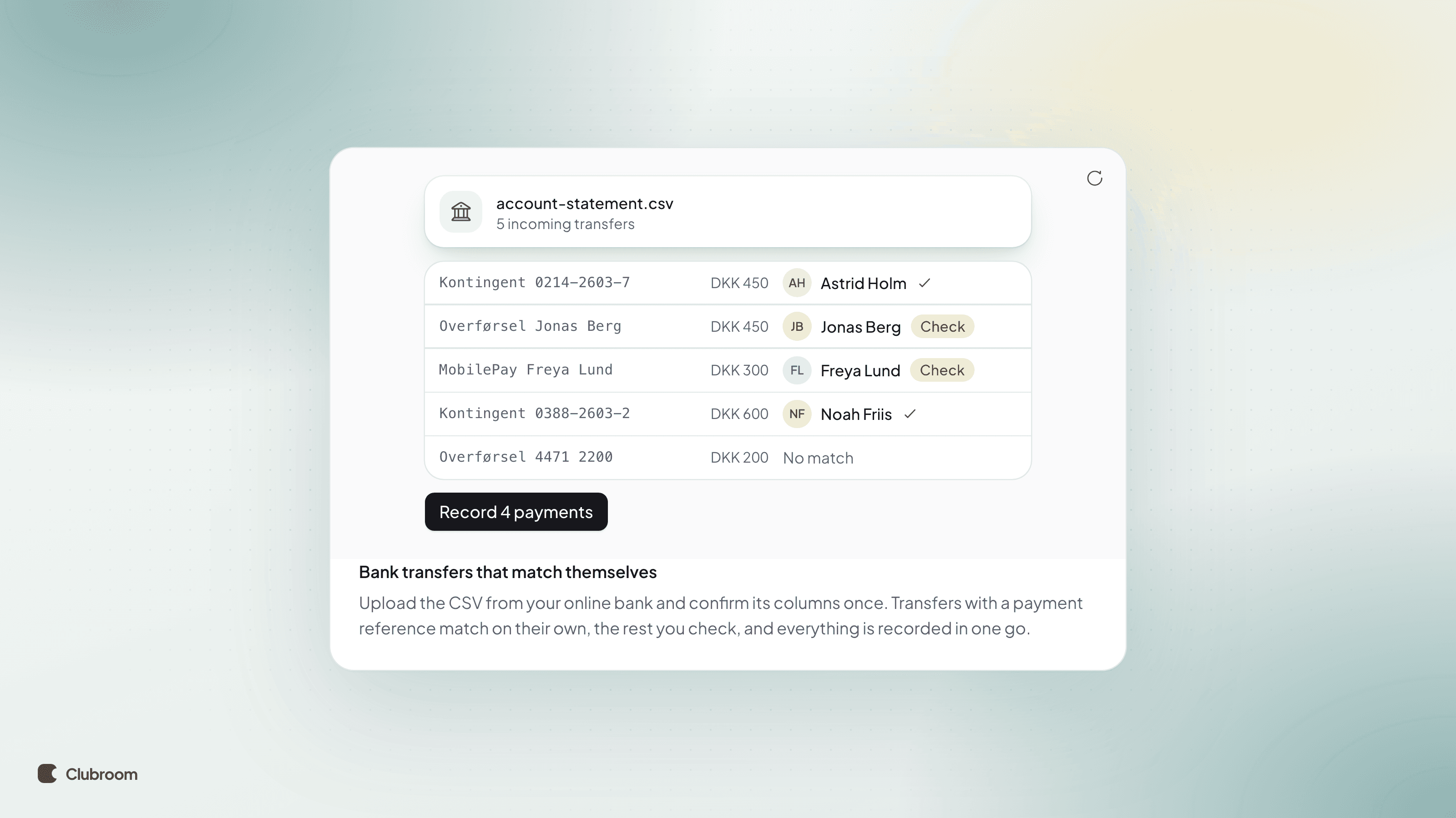 Bank statement rows matched to members, with a Record 4 payments button.