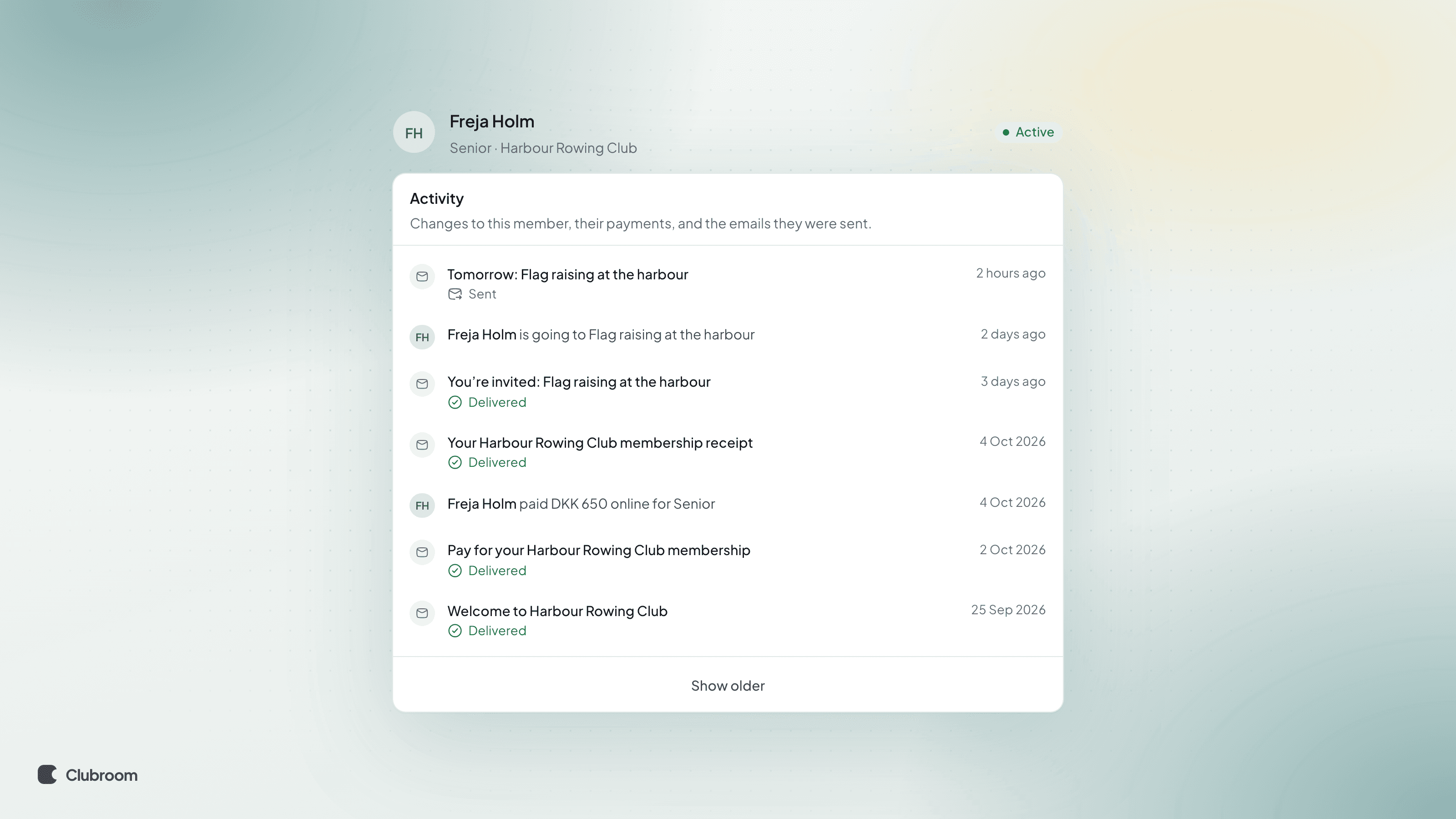 Freja Holm's Activity, with Delivered and Sent emails listed between an RSVP and a payment.